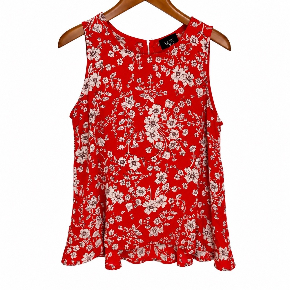 W5 Womens Size Small Red Floral Sleeveless Peplum Blouse Top Zip Back
